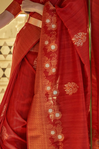 RED TUSSAR SILK COPPER ZARI WEAVING SAREE