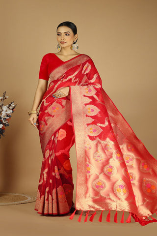 Red Soft Organza Silk Saree_Kumari Sarees