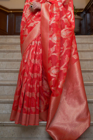 Red Two - Tone Handloom  Organza Weaving Saree_Kumari Sarees