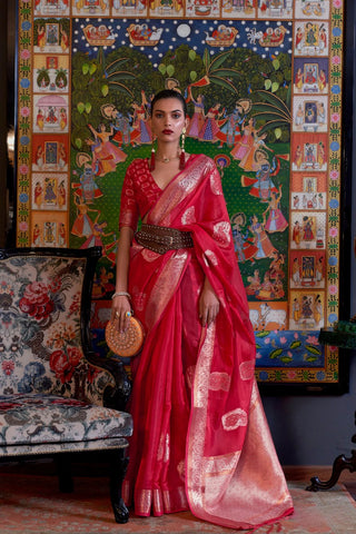 Red Two Tone Handloom Weaving Organza Saree_Kumari Sarees