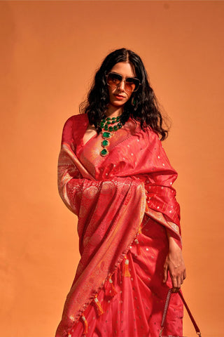 Red Satin Handloom Woven Saree_Kumari Sarees