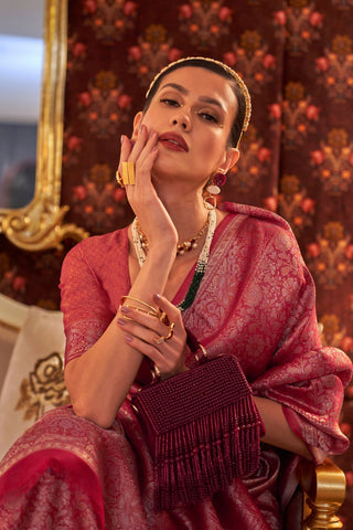 Red Nylon Two Tone Zari Handloom Weaving Silk Saree_Kumari Sarees
