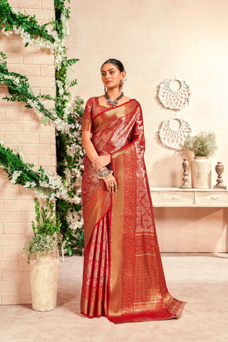 Red Pure Dharmavaram Silk Saree With Zari Weaving_Kumari Sarees