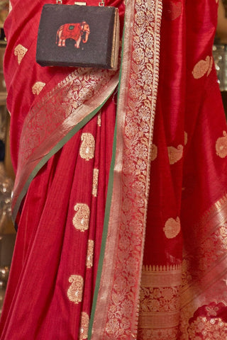 Red Tussar Silk Handloom Weaving Saree_Kumari Sarees