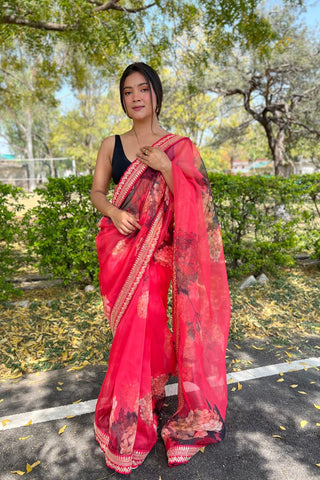 Red Organza Saree With Floral Print_Kumari Sarees