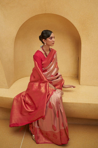 Red Nylon Two Tone Handloom Weaving Saree_Kumari Sarees