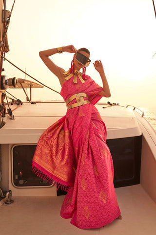 Red Satin Pastel Two Tone Handloom Weaving Saree_Kumari Sarees
