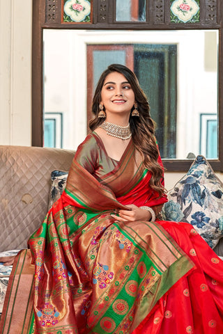 Red Soft Peshwai Paithani Silk Saree_Kumari Sarees