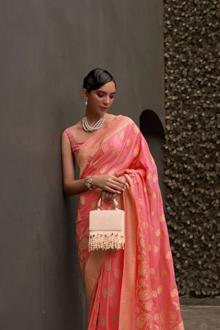 RED NYLON CHINON TWO - TONE WEAVING SAREE