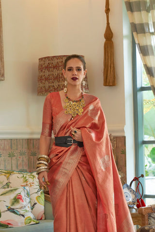 Red Satin Tissue Nylon Handloom Weaving Saree_Kumari Sarees