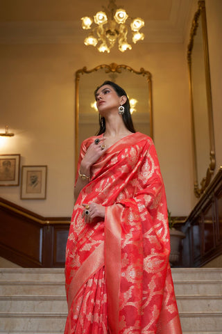 Red Two - Tone Handloom  Organza Weaving Saree_Kumari Sarees