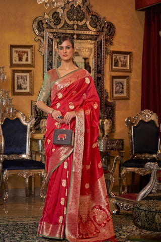 Red Tussar Silk Handloom Weaving Saree_Kumari Sarees