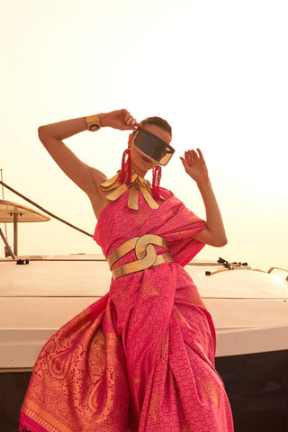 Red Satin Pastel Two Tone Handloom Weaving Saree_Kumari Sarees