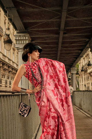 Red Organza Chickankari Zari Lucknowi Handloom Weaving Saree_Kumari Sarees