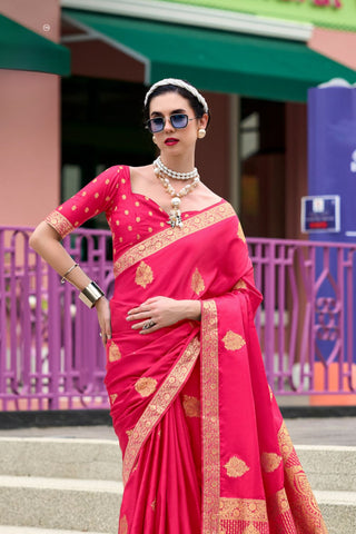 Red Pure Satin Handwoven Saree_Kumari Sarees
