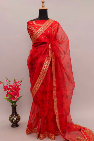 Red Soft Pure Organza Saree_Kumari Sarees