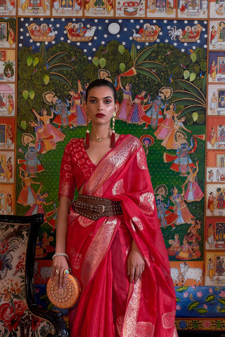 Red Two Tone Handloom Weaving Organza Saree_Kumari Sarees