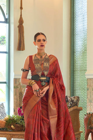 Red Pure Handloom Two Tone Organza Weaving Saree_Kumari Sarees