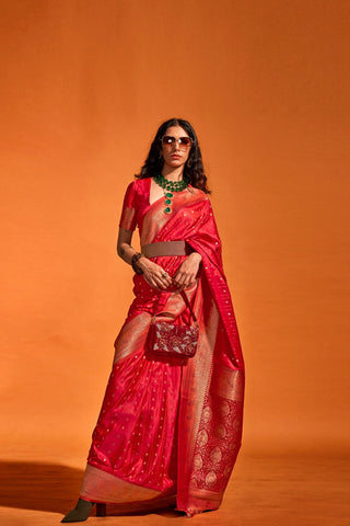 Red Satin Handloom Woven Saree_Kumari Sarees