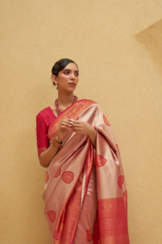 Red Nylon Two Tone Handloom Weaving Saree_Kumari Sarees