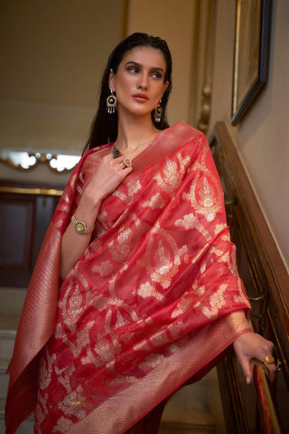 Red Two - Tone Handloom  Organza Weaving Saree_Kumari Sarees