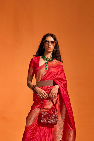 Red Satin Handloom Woven Saree_Kumari Sarees