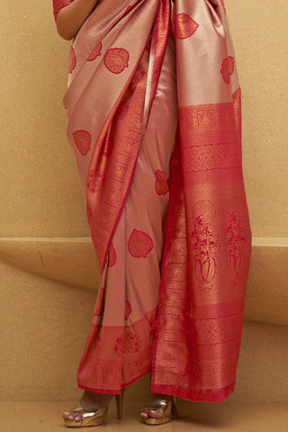 Red Nylon Two Tone Handloom Weaving Saree_Kumari Sarees