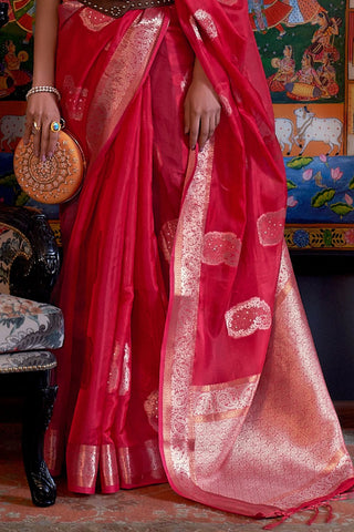 Red Two Tone Handloom Weaving Organza Saree_Kumari Sarees