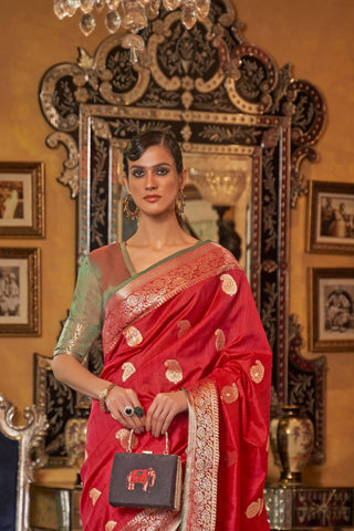 Red Tussar Silk Handloom Weaving Saree_Kumari Sarees
