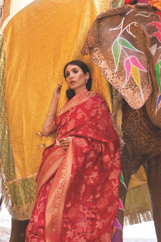 Red Sequins Handloom Weaving Saree_Kumari Sarees
