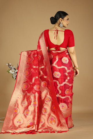 Red Soft Organza Silk Saree_Kumari Sarees