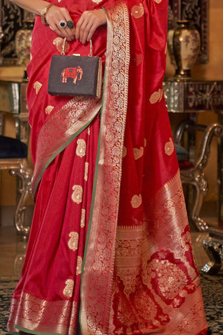 Red Tussar Silk Handloom Weaving Saree_Kumari Sarees