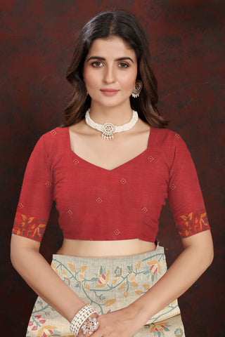 RED PURE JAMDANI MULMUL COTTON SAREE