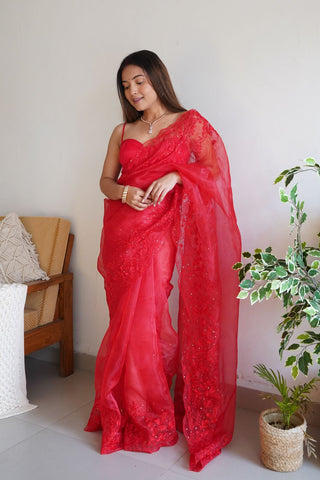 Red Soft Pure Organza Saree_Kumari Sarees