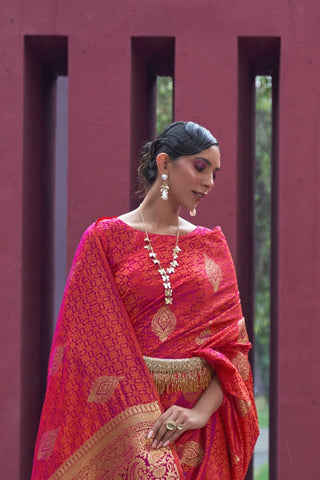 Red Pure Satin Weaving Silk Saree_Kumari Sarees