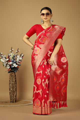 Red Soft Organza Silk Saree_Kumari Sarees
