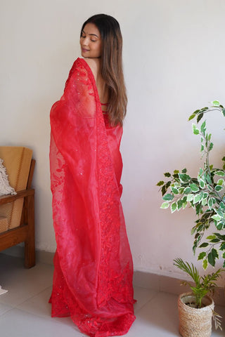 Red Soft Pure Organza Saree_Kumari Sarees
