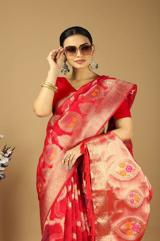 Red Soft Organza Silk Saree_Kumari Sarees