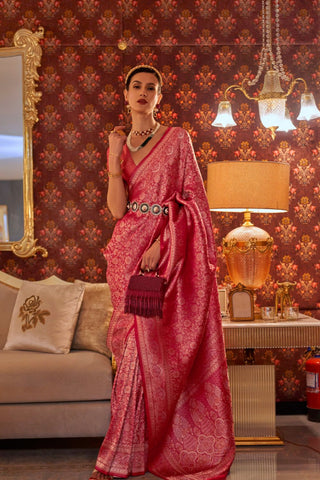 Red Nylon Two Tone Zari Handloom Weaving Silk Saree_Kumari Sarees