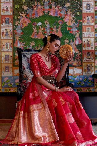 Red Two Tone Handloom Weaving Organza Saree_Kumari Sarees