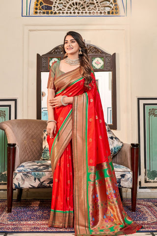 Red Soft Peshwai Paithani Silk Saree_Kumari Sarees
