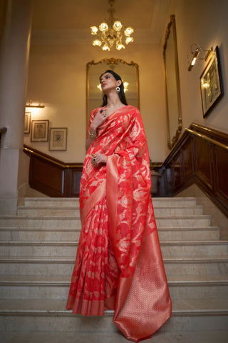Red Two - Tone Handloom  Organza Weaving Saree_Kumari Sarees
