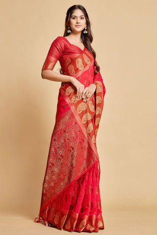 Red Chanderi Cotton Saree_Kumari sarees