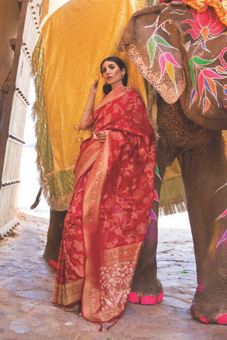 Red Sequins Handloom Weaving Saree_Kumari Sarees
