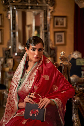 Red Tussar Silk Handloom Weaving Saree_Kumari Sarees