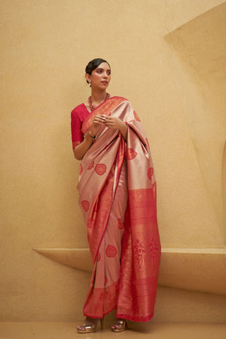 Red Nylon Two Tone Handloom Weaving Saree_Kumari Sarees