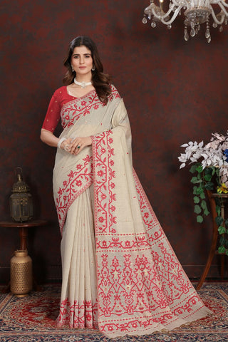 Red Jamdani Mulmul Cotton Saree_Kumari Sarees