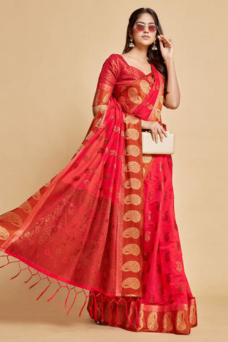 Red Chanderi Cotton Saree_Kumari sarees