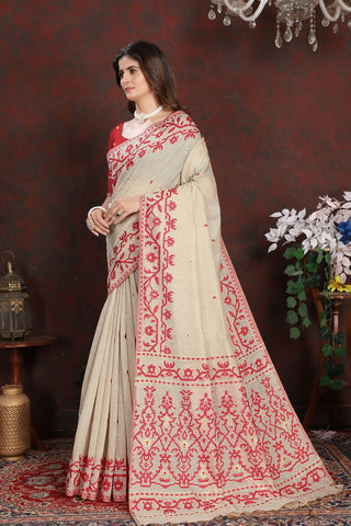 Red Jamdani Mulmul Cotton Saree_Kumari Sarees