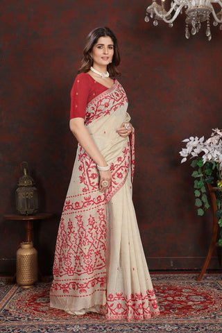 Red Jamdani Mulmul Cotton Saree_Kumari Sarees